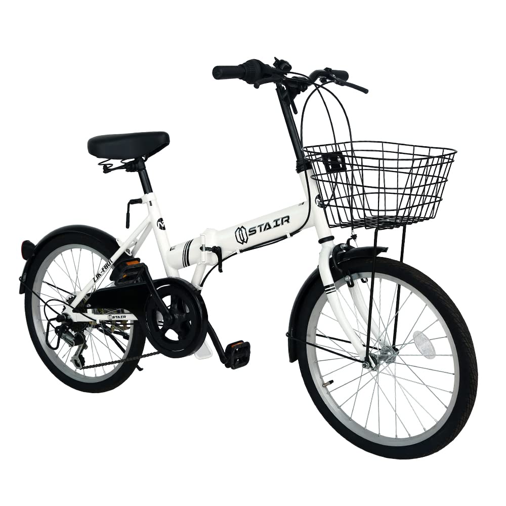 折りたたみ自転車 折り畳み自転車 20インチ シマノ６段変速 カゴ付 ワイヤ錠・ライトのプレゼント付き 前後泥除け装備 ハンドルの高さ調節できる 小径車 ミニベロ ホワイト