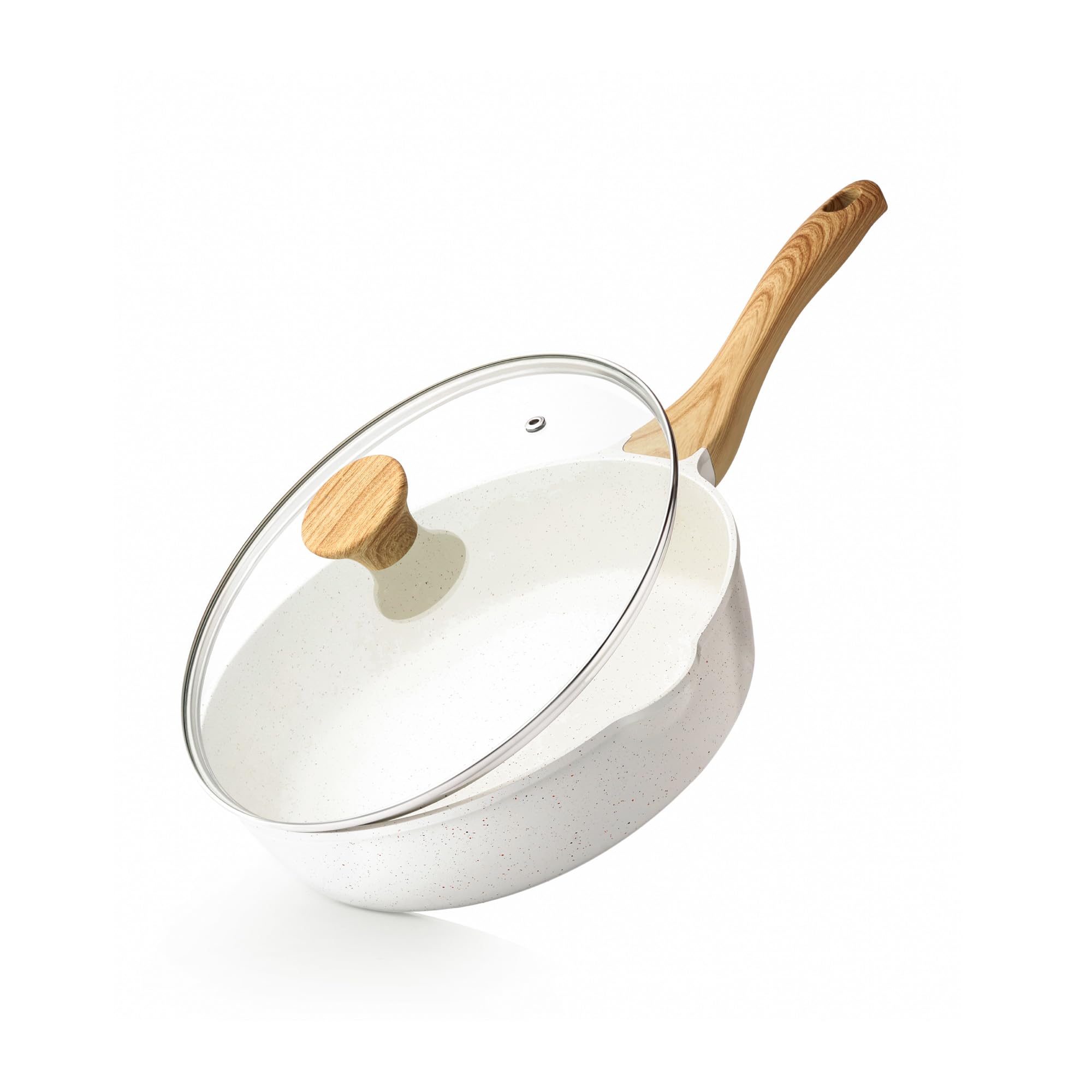 SENSARTE 深型フライパン 26cm 蓋付き マーブルコート IH/ガス火対応 炒め鍋 焦げ付きにくい お手入れ簡単 中華鍋 こびりつきにくい 高熱効率 一年保証 ホワイト