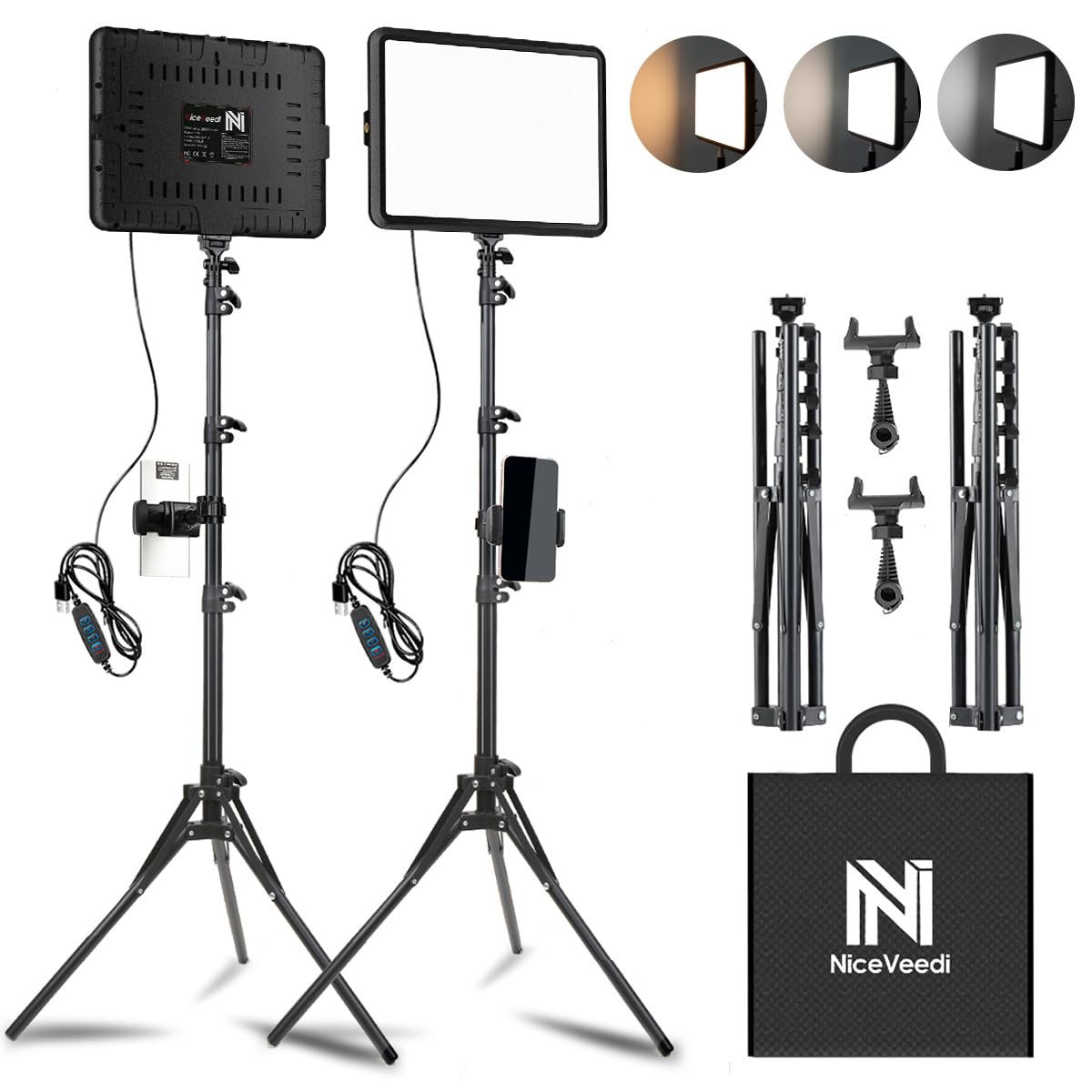 NiceVeedi 2パック撮影用ライト LEDビデオライト 写真スタジオ撮影 2800-6500K三色調光可能な照明撮影ライトキット 152cm調節可能な三脚とスマホホルダー付き 持ち込みやすい収納バッグ付き YouTube/会議/動画/生放送/ゲーム実