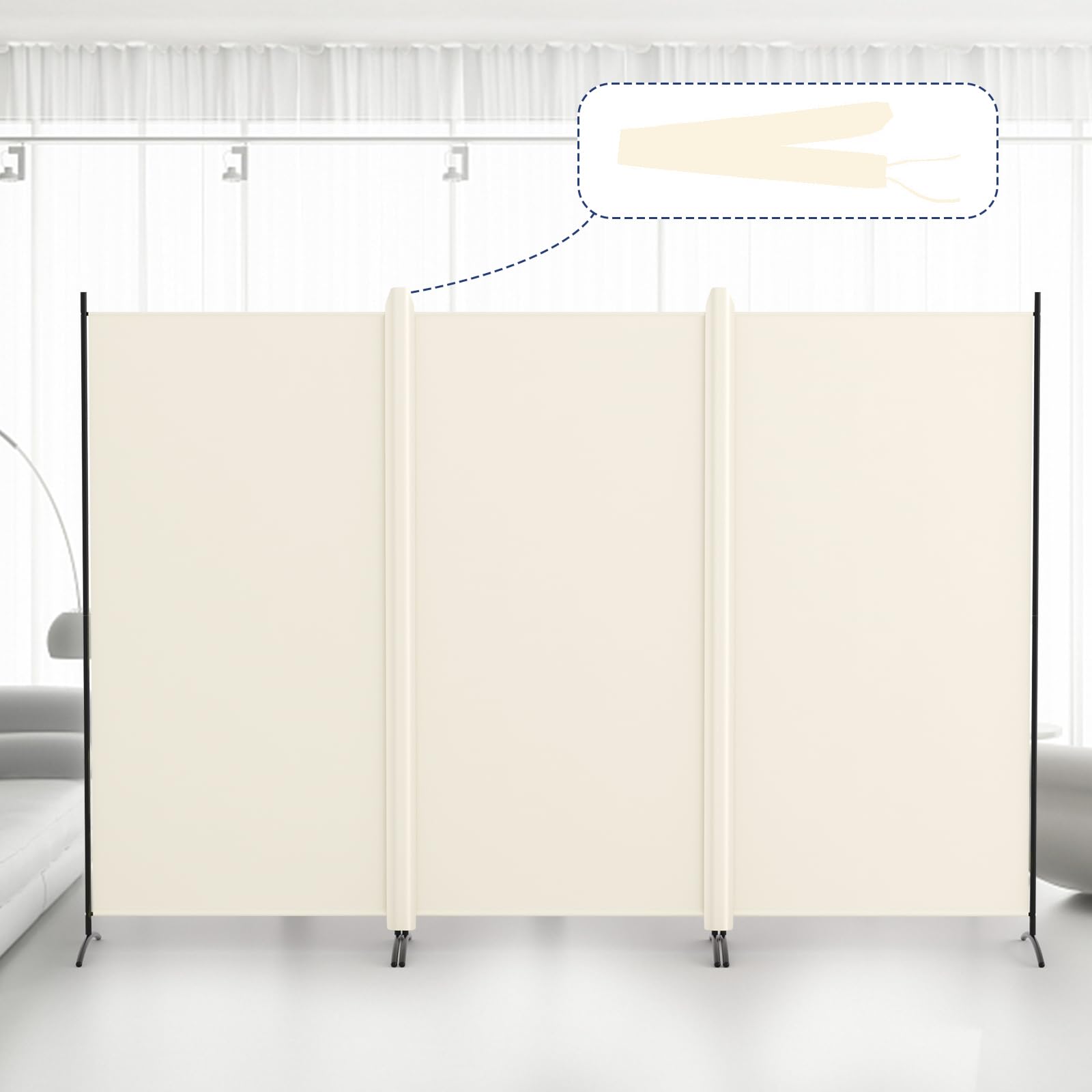 Kokorona パーテーション 間仕切り 3連 カバーストリップ付き 高さ180cm 幅260cm 衝立パーテーション スクリーン 折りたたみ 布タイプ 屏風 目隠し 区切り 衝立 軽量 オフィス 事務所 ベージュ