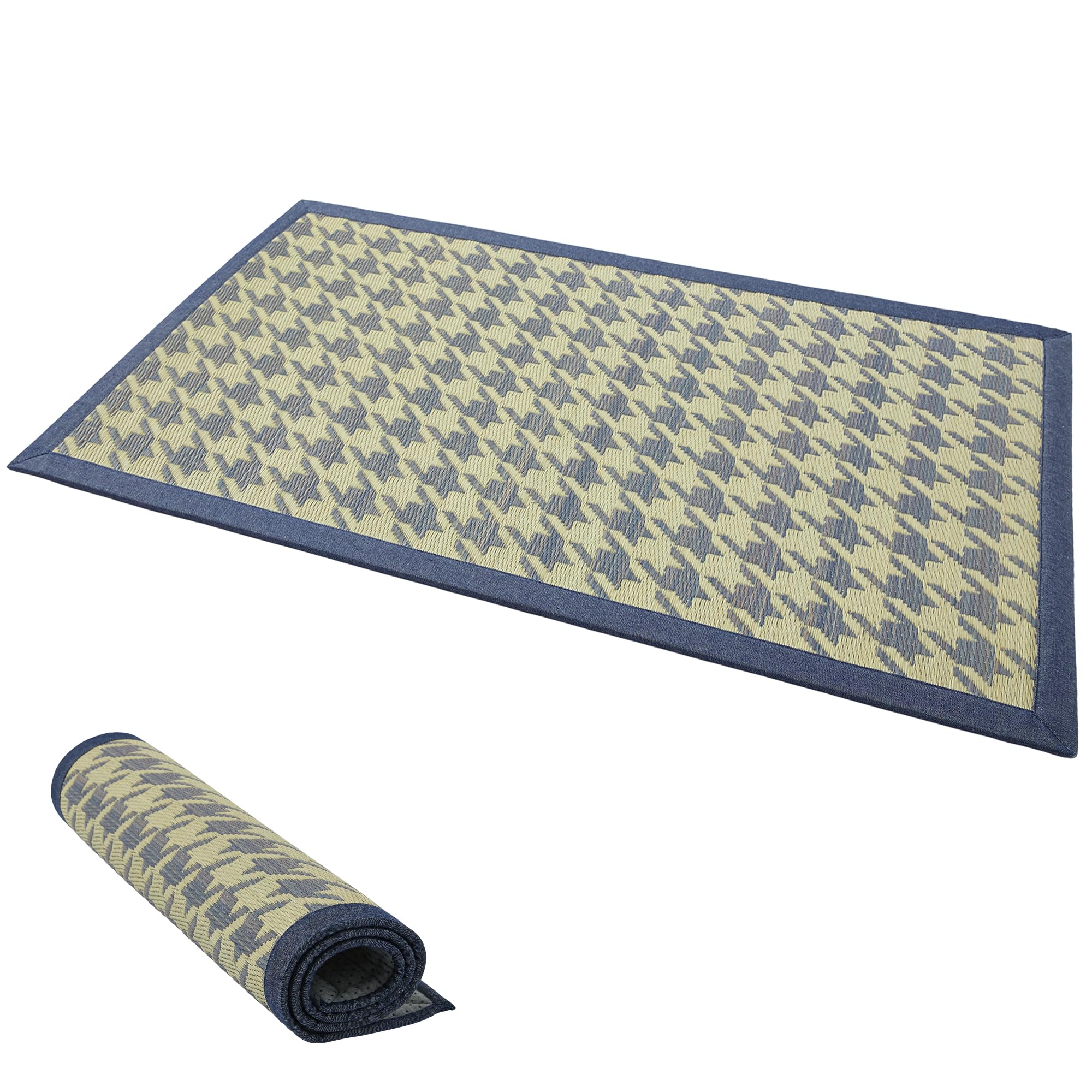い草 玄関マット ござ マット ラグ 70x120cm 厚手 ウレタン入り ふっくら 滑り止め付き 裏張り 和風 モダン おしゃれ 室内 長方形 紋織り 千鳥格子柄 ブルーグレー 消臭 抗カビ