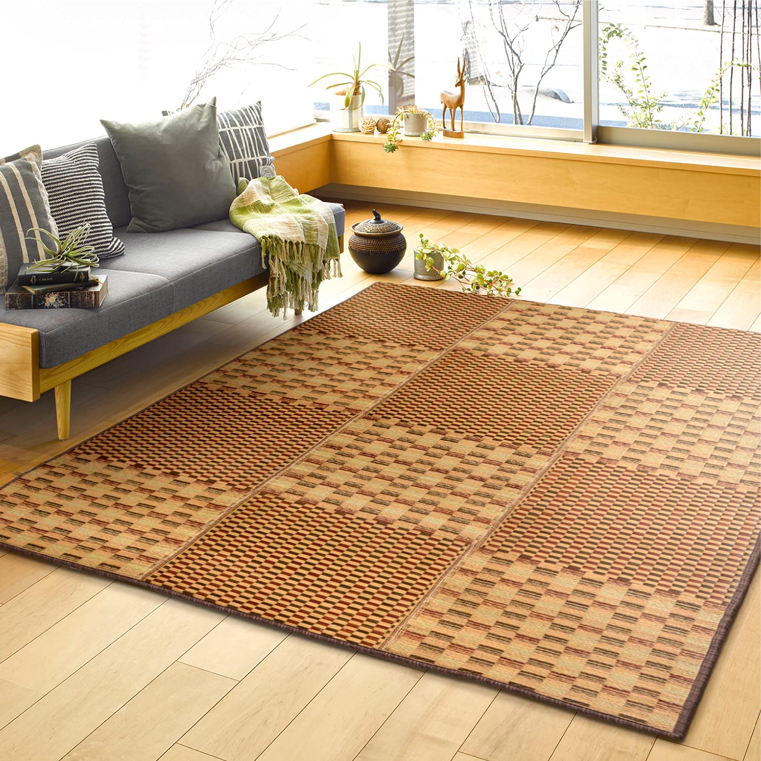 萩原 い草コンパクトラグ 裏貼り ブラウン 約240×240cm 「キハチ」 厚手 撥水 抗カビ 消臭 滑り止め付き 折りたためる