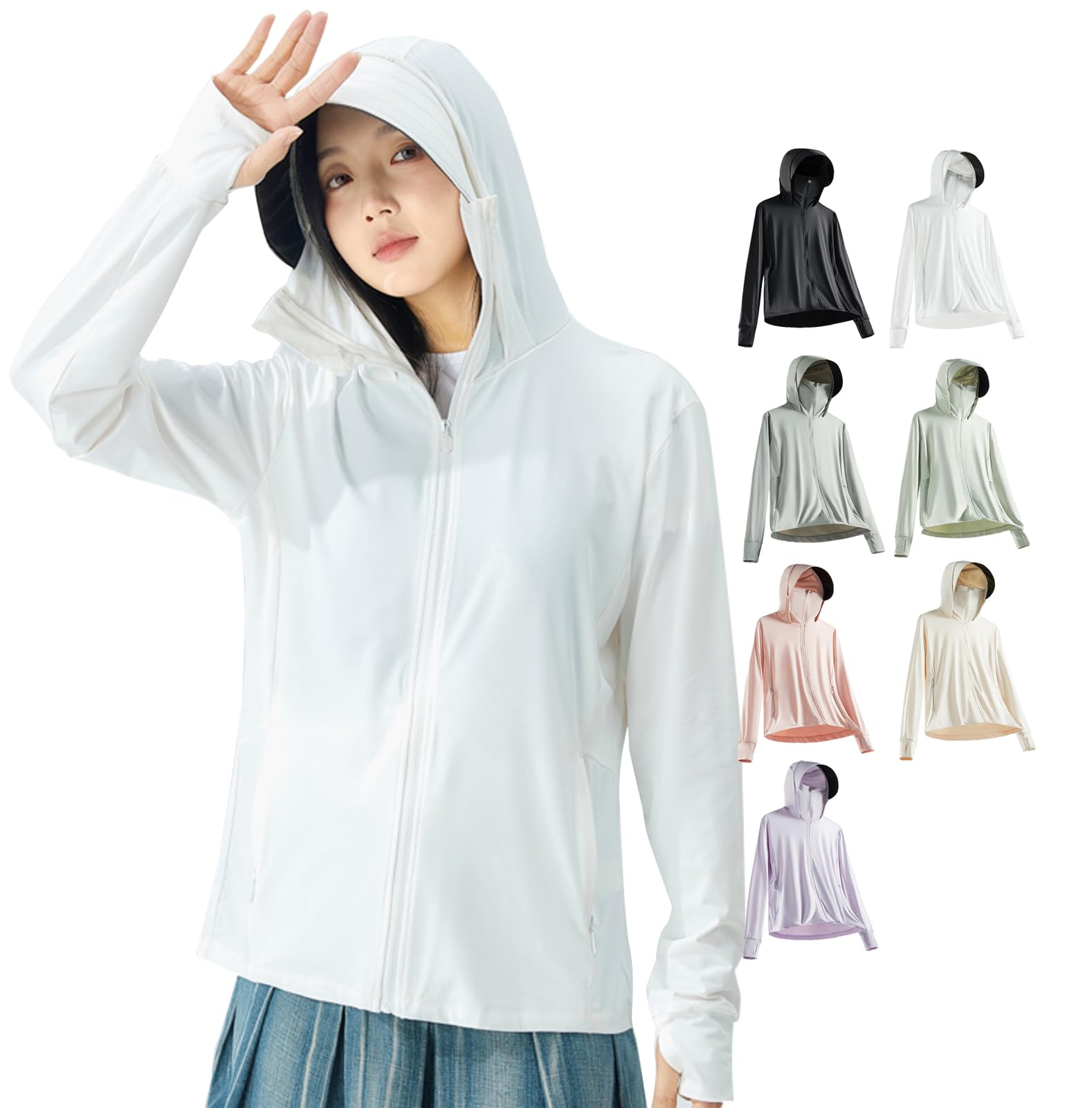 [LLHfashion] ラッシュガード レディース uvカット パーカー 日焼け対策 冷感素材 通気速乾 ストレッチ パーカー 夏 薄手 長袖 夏服 海 アウター フード付 紫外線対策 シンプル 軽量 おしゃれ white L