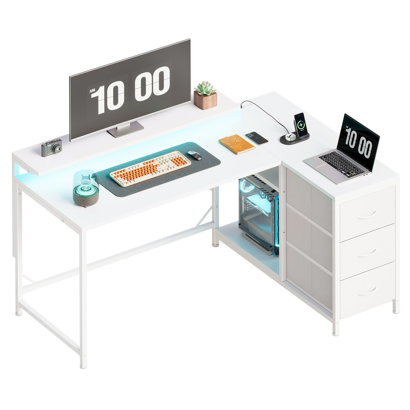 YeTom l字デスク 幅100.5cm パソコンデスク 机 pcデスク モニタ台の高さ調節可能 コーナーデスク 本棚付き 引き出しとコンセント付き 左右入れ替え対応 オフィスデスク 勉強机 学習机 ホームオフィス用 白い｜松陰屋 店