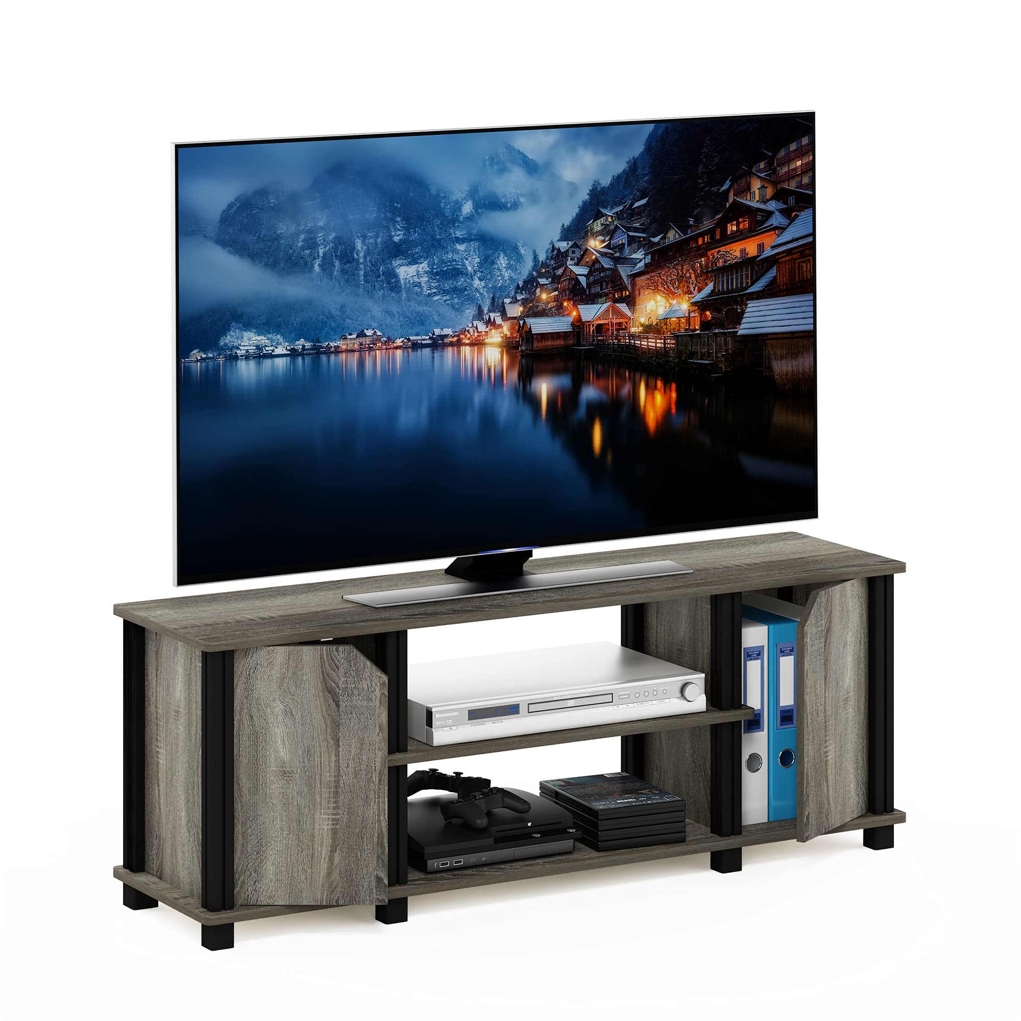 フリノ(Furinno) Brahms テレビスタンド フレンチオーク/ブラック エンターテイメントセンター 棚と収納付き 45インチのテレビに対応 【日本正規輸入品】｜松陰屋 店