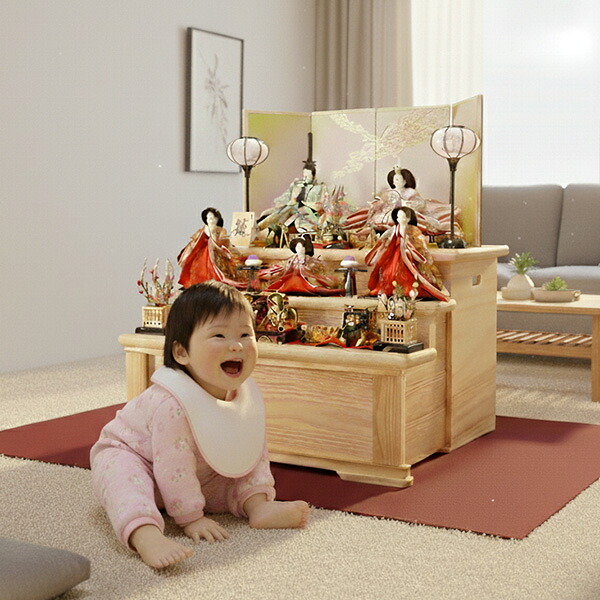 雛人形 おしゃれ 三段飾り 収納飾り 平安豊久 夕菜 天竜杉 2026年度新作 特典付 名前札 被布 初節句 お祝い 桃の節句 ひな人形 モダン 五人飾り 大三五番 引き出し コンパクト 69cm 正絹 金襴 盛上げ蒔絵 a000000841