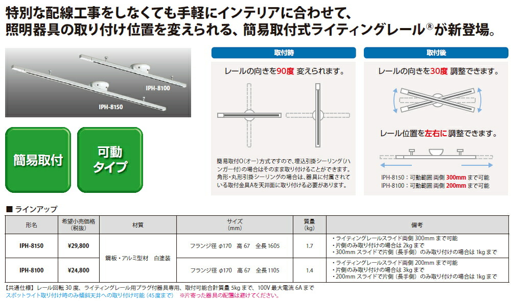 分かりやすい打っ付け式ライティングレール◆IPH-8150 照明器具部品-インテリア・寝具・収納-ダクトレール・ライティングレール