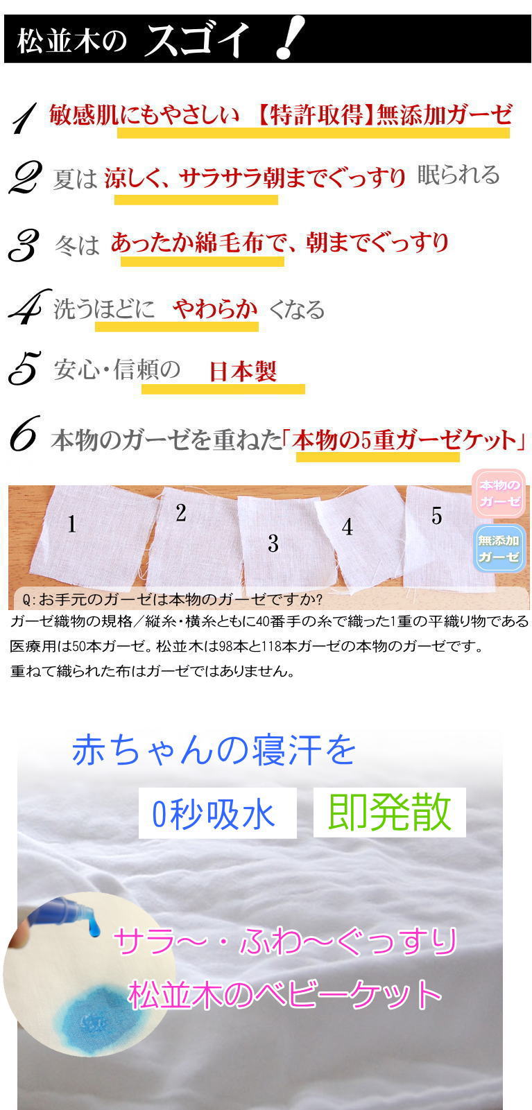 楽天1位 本物のガーゼ 5重ガーゼケット ベビー 85 115cm 日本製 綿100 肌に優しい 無添加ガーゼ 敏感肌 肌あれ アセモ アトピー 寝汗 0秒吸水 吸汗速乾 丸洗いok タオルケット お昼寝布団 10種類幻の製法 Nuddycotton エコテックス認証 出産祝い 松並木 Matsunamiki