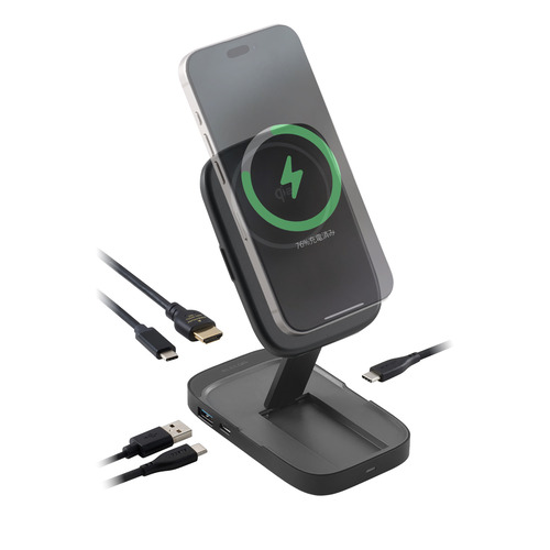 エレコム DST-Q040BPGY USB Type-C ドッキングステーション 4in1 ハブ Qi2 ワイヤレス充電スタンド PD スマホ MacBook等対応 グレー