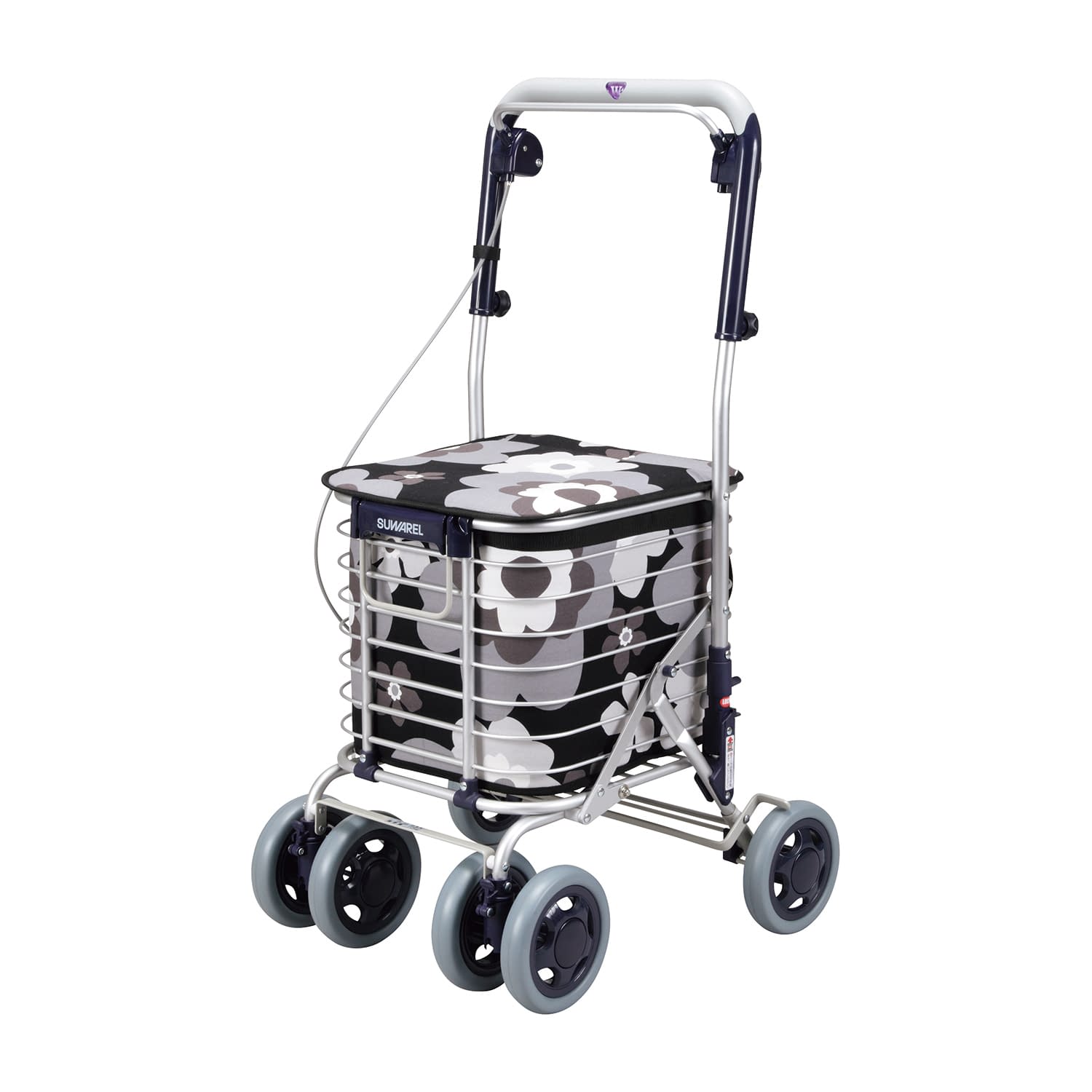 ワイヤーカート・スワレル AS-0275(ハナガラモノトーン) 1台 ユーバ産業 モノトーン 25-6984-00 シルバーカー 歩行補助車 歩行支援 急ブレーキ 安全設計 耐久性 折りたたみ式 大容量バスケット 調節可能ハンドル ライトウェイト|マツヨシ 店