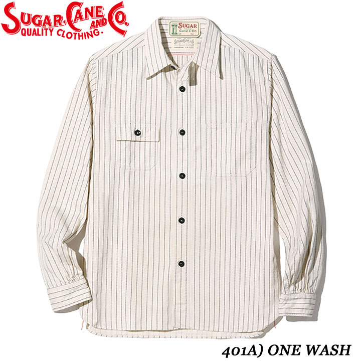 Sugar Cane FICTION ROMANCE 8.5oz. WHITE WABASH STRIPE WORK SHIRT No.SC27076