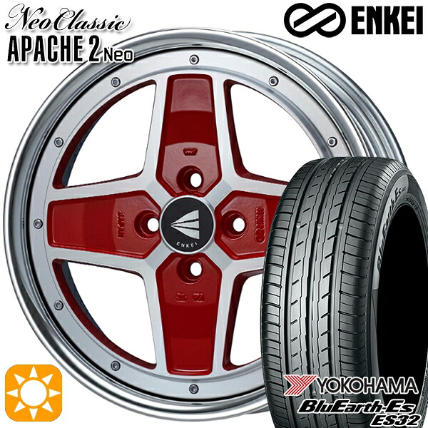 【取付対象】マツダ2 ノート 195/55R16 87V ヨコハマ ブルーアース ES32 ENKEI ネオクラシック アパッチ2 ネオ [Lo Disk] マシニングレッド 16インチ 6.0J 4H100 サマータイヤホイールセット ｜エムオートギャラリー