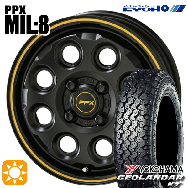 【取付対象】軽トラ 145/80R12 80/78N ヨコハマ ジオランダーKT Y828C KYOHO PPX MIL:8 セミグロスブラック×イエローライン 12インチ 3.5J 4H100 サマータイヤホイールセット