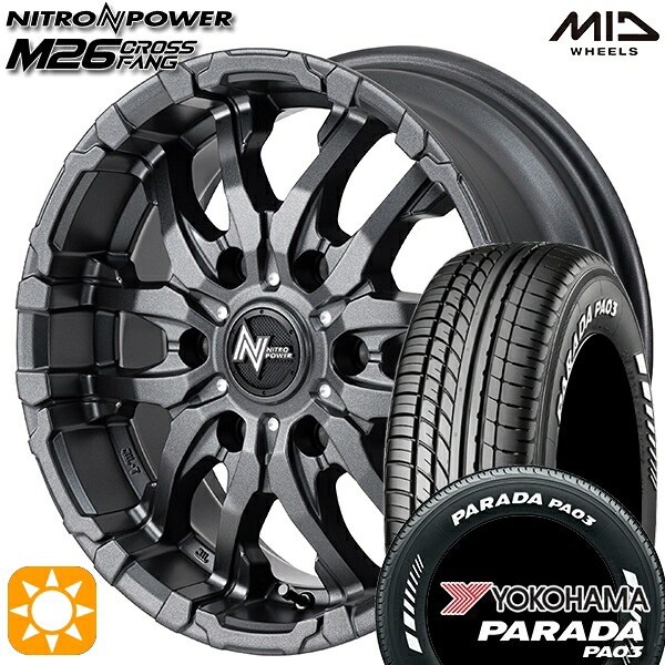 【取付対象】200系ハイエース 215/60R17C 109/107S ヨコハマ パラダ PA03 ホワイトレター MID ナイトロパワー M26 クロスファング バレルブラック/ドリルド 17インチ 6.5J 6H139.7 サマータイヤホイールセット ｜エムオートギャラリー