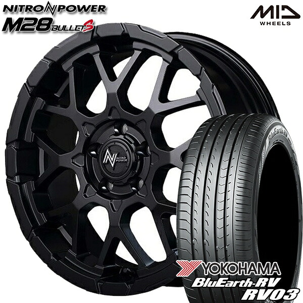 【取付対象】エルグランド クロスロード 215/65R16 98H ヨコハマ ブルーアース RV03 MID ナイトロパワー M28バレットS セミグロスブラック 16インチ 7.0J 5H114.3 サマータイヤホイールセット ｜エムオートギャラリー