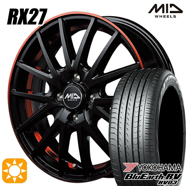 【取付対象】フィット アクア 185/60R15 84H ヨコハマ ブルーアース RV03 MID シュナイダー RX27 ブラック/リム＆アンダーカットポリッシュ＋レッドクリア 15インチ 5.5J 4H100 サマータイヤホイールセット