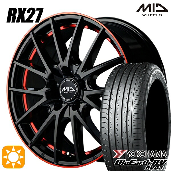 【取付対象】C-HR カローラクロス 215/60R17 96H ヨコハマ ブルーアース RV03 MID シュナイダー RX27 ブラック/リム&アンダーカットポリッシュ+レッドクリア 17インチ 7.0J 5H114.3 サマータイヤホイールセット |エムオートギャラリー