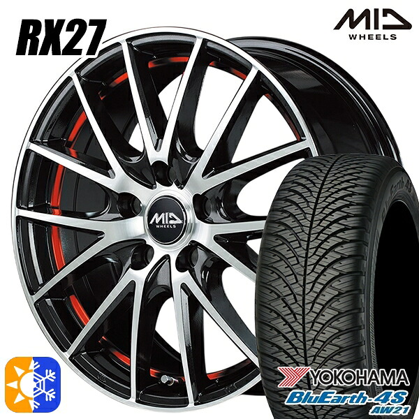 エルグランド クロスロード 215/65R16 98H ヨコハマ ブルーアース 4S AW21 MID シュナイダー RX27 ブラックメタリックポリッシュ＋アンダーカットレッドクリアー 16インチ 6.5J 5H114.3 オールシーズンタイヤホイールセット