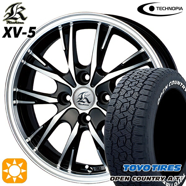 【取付対象】アゲ軽 165/80R14 97/95N トーヨー オープンカントリーA/T3 ホワイトレター テクノピア カシーナ XV5 ブラックポリッシュ 14インチ 4.5J 4H100 サマータイヤホイールセット ｜エムオートギャラリー