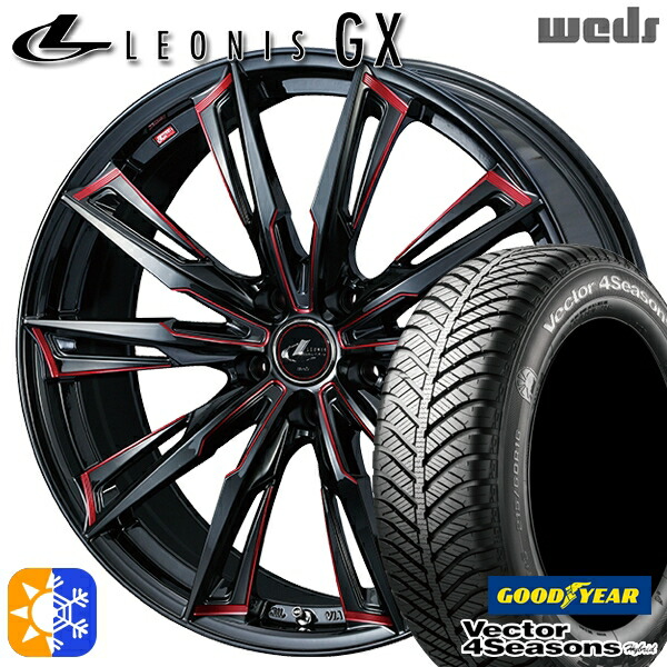 リーフ レヴォーグ 215/50R17 95H XL グッドイヤー ベクター フォーシーズンズ Weds ウェッズ レオニス GX 17インチ 7.0J 5H114.3 BK/SC[RED] (ブラック/SCマシニング[レッド]) オールシーズンタイヤホイールセット