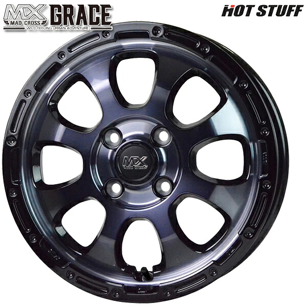 15インチ 4.5J 4H100 +45 HotStuff ホットスタッフ マッドクロスグレイス ブラッククリア/リムブラック アルミホイール単品 4本（1台分）送料無料 ｜エムオートギャラリー 33,566円