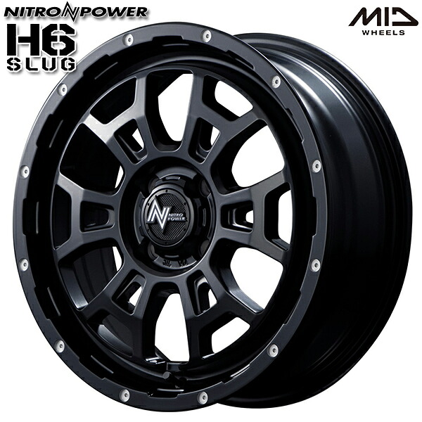 16インチ 6.0J 4H100 +40 MID ナイトロパワー H6スラッグ セミグロスブラック/マシニング アルミホイール単品 4本（1台分） 送料無料
