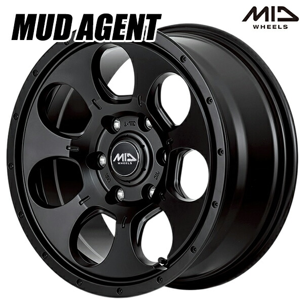 16インチ 6.5J 6H139.7 +38 MID マルカサービス マッドエージェント セミグロスブラック アルミホイール単品 4本（1台分）送料無料