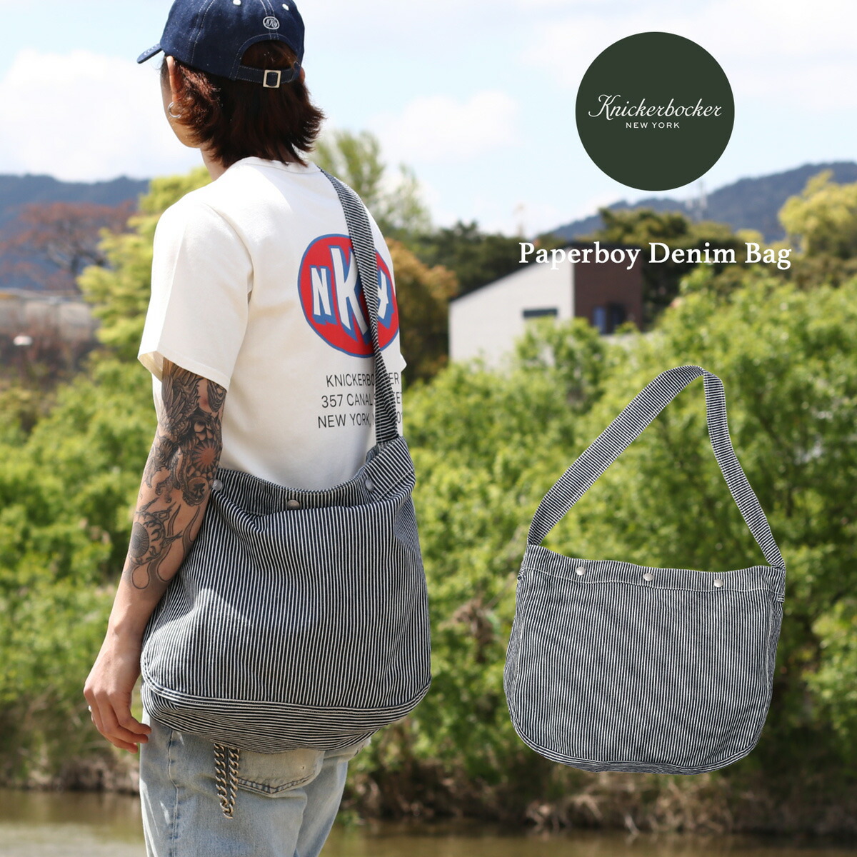 KNICKERBOCKER ニッカーボッカー Paperboy Denim Bag ニュースペーパーボーイバッグ ショルダーバッグ Indigo Stripe Hickory ストライプ ヒッコリー コットン100%｜MAVAZI（インポートクロージング）