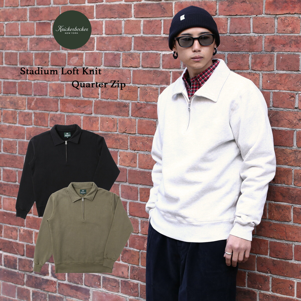 KNICKERBOCKER ニッカーボッカー Stadium Loft Knit Quarter Zip ハーフジップスウェット ポルトガル製 メンズ 14オンス コットン コットン100% 裏起毛 スポーツウェア Oat grey Laurel Black グレー カーキ ブラック