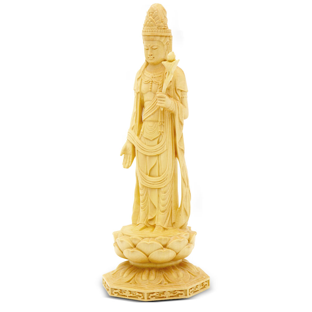 黄楊彫り 聖観音菩薩 仏像 木彫り 小さい 開運 縁起物 置物 仏壇 玄関 リビング 家内安全 厄除け インテリア 高級黄楊材 13cm