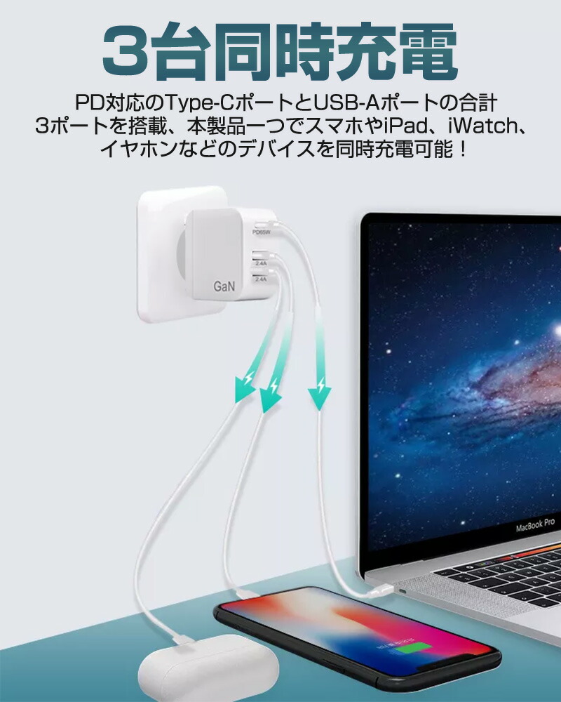 PD充電器 USB急速充電器 ACアダプター GaN 窒化ガリウム採用 USB-C×1ポート USB-A×2ポート PD65W 急速充電器 携帯充電器  コンパクトサイズ 海外 100V〜240V PD3.0対応 PSE認証済 折畳式 iPhone iPad Pro MacBook Switchなどの USB-C機器対応 PD 送料無料 売れ筋