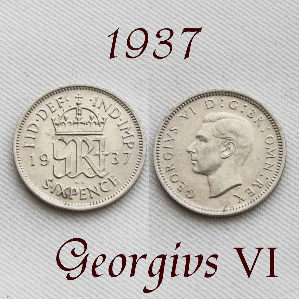 1937年 ジョージ6世 初年発行 GRI 国民を励まし続けた王 イギリス 50％ .500 シルバー Silver ハッピー ウェディング シックスペンス 花嫁の左の靴に銀の6ペンス ラッキー 幸福 幸運を運ぶアンティーク銀貨 幸せな結婚 お祝い プレゼント｜メイ　フェアリー店