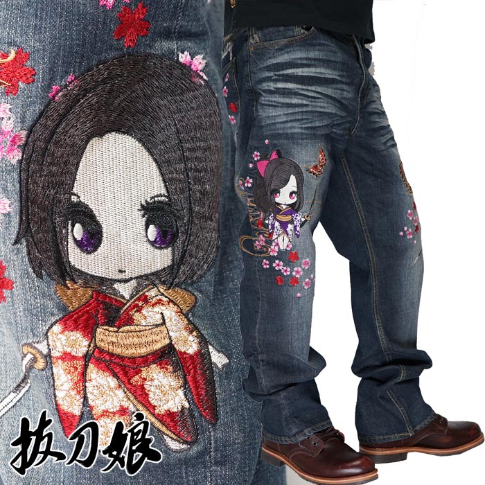 高級感 抜刀娘 ﾊﾞｯﾄｳﾑｽﾒ 絡繰魂 和柄 ジーンズ デニム メンズ 総刺繍 ほのかちゃん りんちゃん 2126 送料無料 抜刀娘から新作和柄 ジーンズが登場 正規品 Pal Economy Com