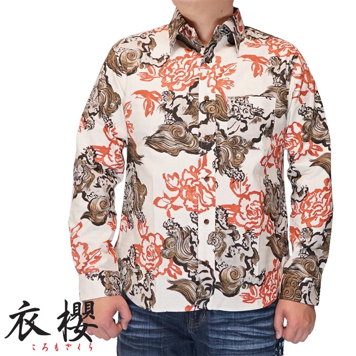 長袖レギュラーカラーシャツ「跳ね鯉」◇衣櫻 ブラックMサイズ SA-1565