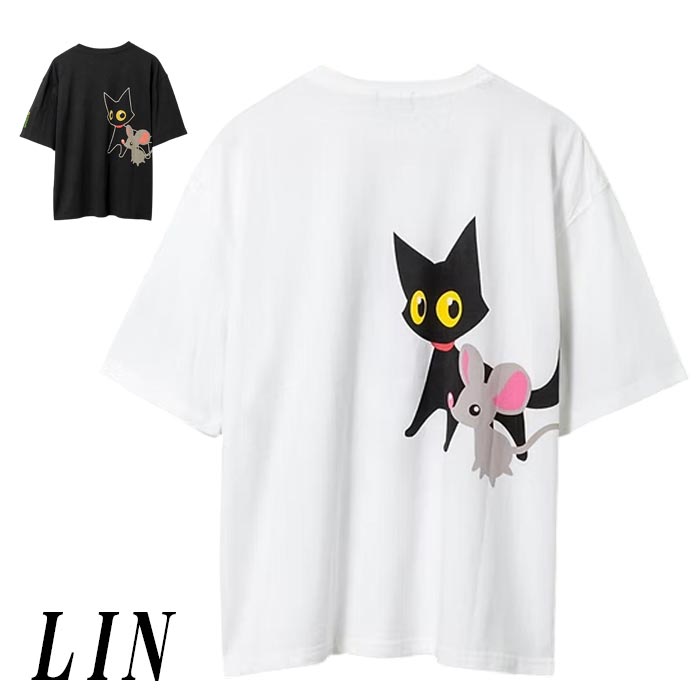 LIN 和柄 Tシャツ メンズ 半袖 黒猫のLamyとネズミのEarl ラミ＆アール ぴょこんと立つラミ BIG 参丸一 AL-75117 送料無料