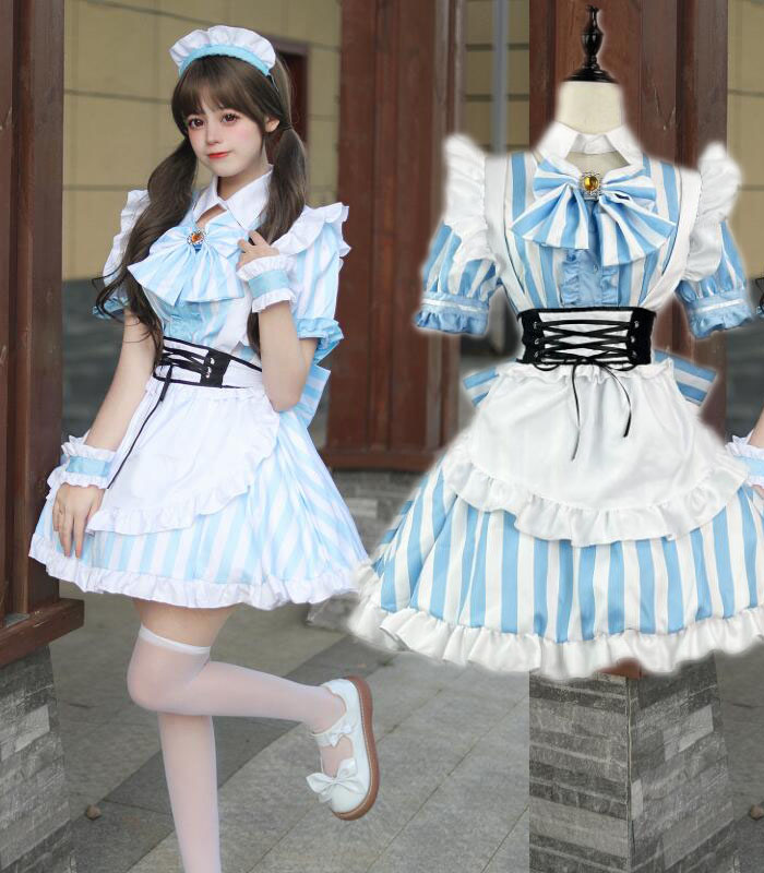 【楽天市場】メイド服 半袖 ストライプ柄 フリルワンピース 髪飾り ミモレ丈 ロリータ ワンピースメイド お姫様 ロリータドレス 女性 大人 ...