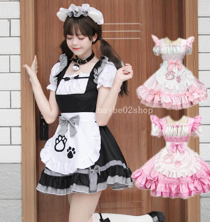 【楽天市場】レディースワンピース メイド服 半袖 猫爪柄ワンピース 3色 髪飾りCOSPLAY ミモレ丈 ロリータ ワンピースメイド お姫様 ...