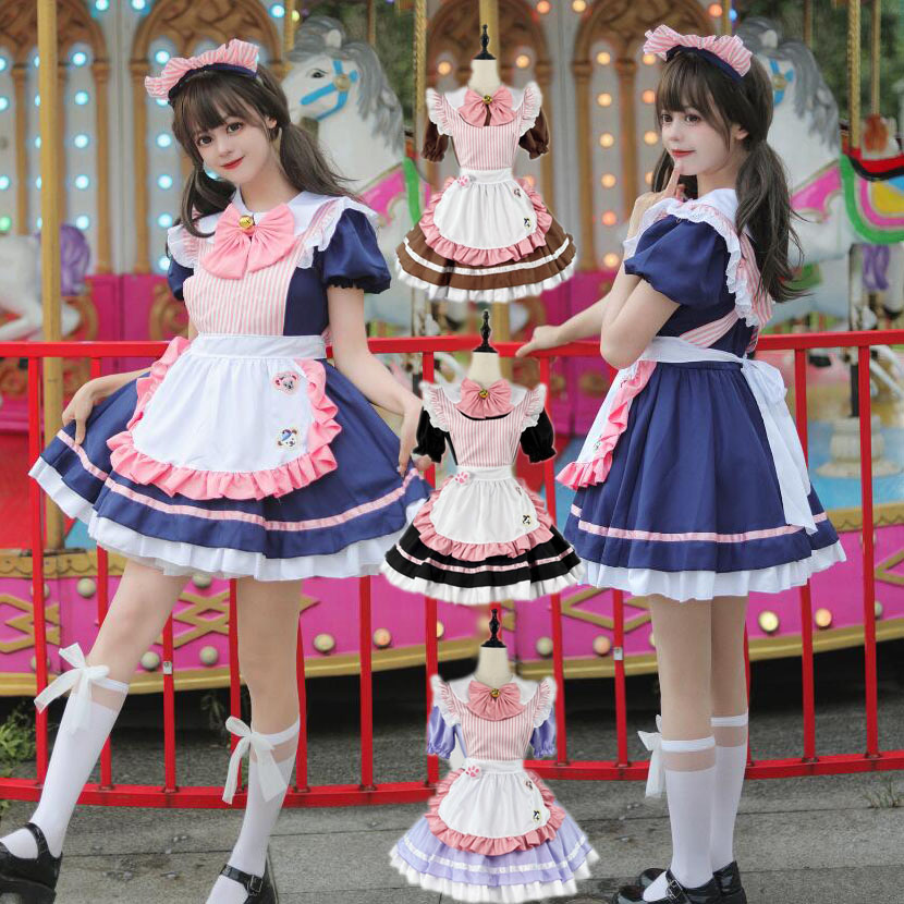 【楽天市場】メイド服 半袖 カラフルドレス ミモレ丈ワンピース猫爪 喫茶店萌え萌え 髪飾り Lolitaミモレ丈 ロリータ ワンピースメイド ...