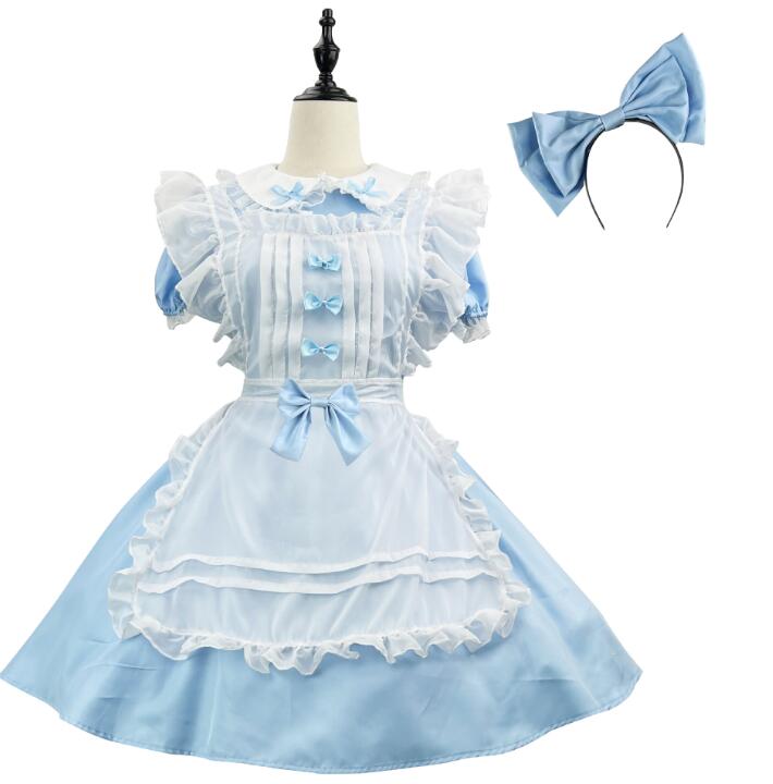 【楽天市場】メイド服 水色 ミモレ丈ワンピース喫茶店萌え萌え 髪飾り Lolitaミモレ丈 ロリータ ワンピースメイド お姫様 ロリータドレス ...