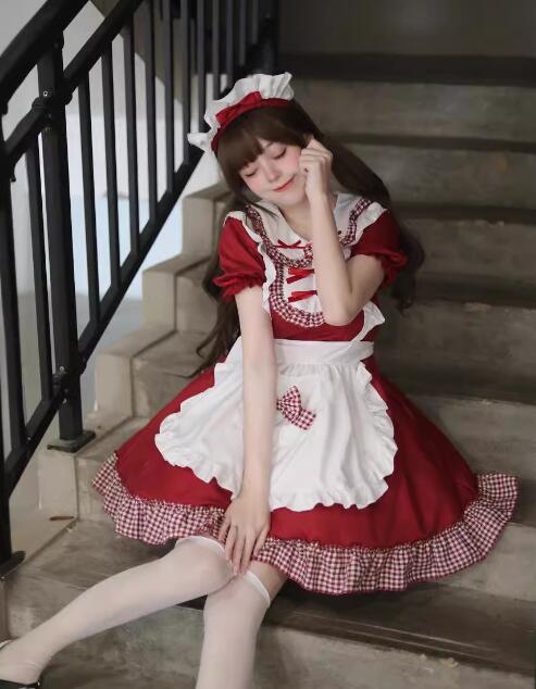 【楽天市場】チェック柄ワンピース メイド服 2色 ミモレ丈ワンピース lolita喫茶店萌え萌え 髪飾り Lolitaミモレ丈 ロリータ ...