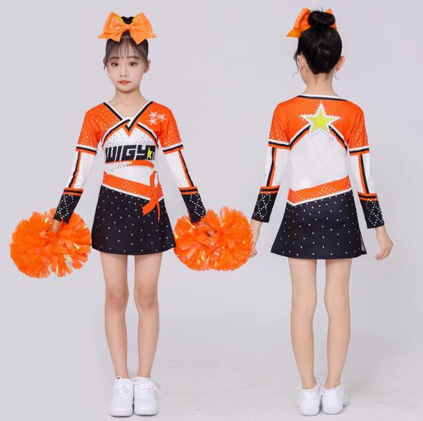 チアガール衣装 ダンス衣装 女子ダンス 黒＋オレンジ 女の子 エアロビクス チアリーディング 団体服 新体操 体操競技着用 女子スカート 女子レオタード+ショートスカート2点セット チアリーディングコンテスト 長袖　伸縮性あり　110-180cm