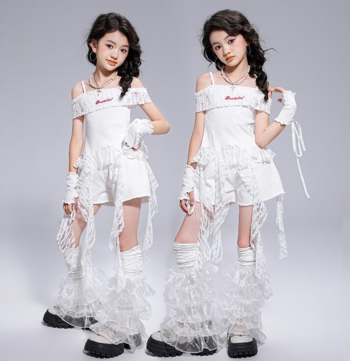 ホワイトフリルダンス衣装 楽天市場】女の子ダンス衣装 レースTシャツ フリル付きトップス 子供