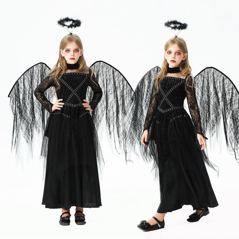 天使コスプレ衣装 ハロウィン コスプレ 子供 黒　暗黒　翼付き 仮装 衣装 子供 可愛い 長袖ワンピース ハロウィン 衣装 アリス アニメ ハロウィン 仮装 子供 ハロウィン 衣装 面白い 女の子 ハロウィン仮装 コスプレ衣装 ハロウィン衣装 かわいい ワンピース セット衣装