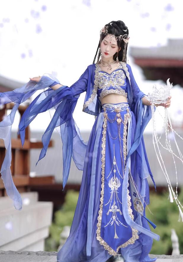 チャイナ服 羽織付きコスプレ衣装 時代劇ハロウイン衣装 中華風衣装 漢服 民族風子供 敦煌飛天 コスプレ ハロウィン　ブルー コスチューム 仮装 ショート丈トップス ロング スカート スパンコール 刺繍 プリンセス コスチューム ステージ演出衣装