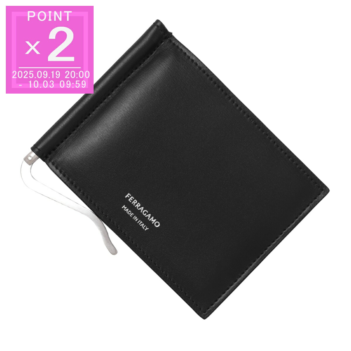 【美品】フェラガモ　マネークリップ　レザー　ロゴプレート　ブラック　レッド 美品】フェラガモ マネークリップ レザー ロゴプレート ブラック
