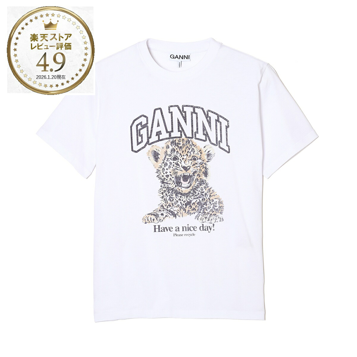 ガニー GANNI クルーネックTシャツ ホワイト レディース t4124 943 leopard BASIC JERSEY LEOPARD RELAXED T-SHIRT ロゴT レオパード【返品送料無料】[2026SS]