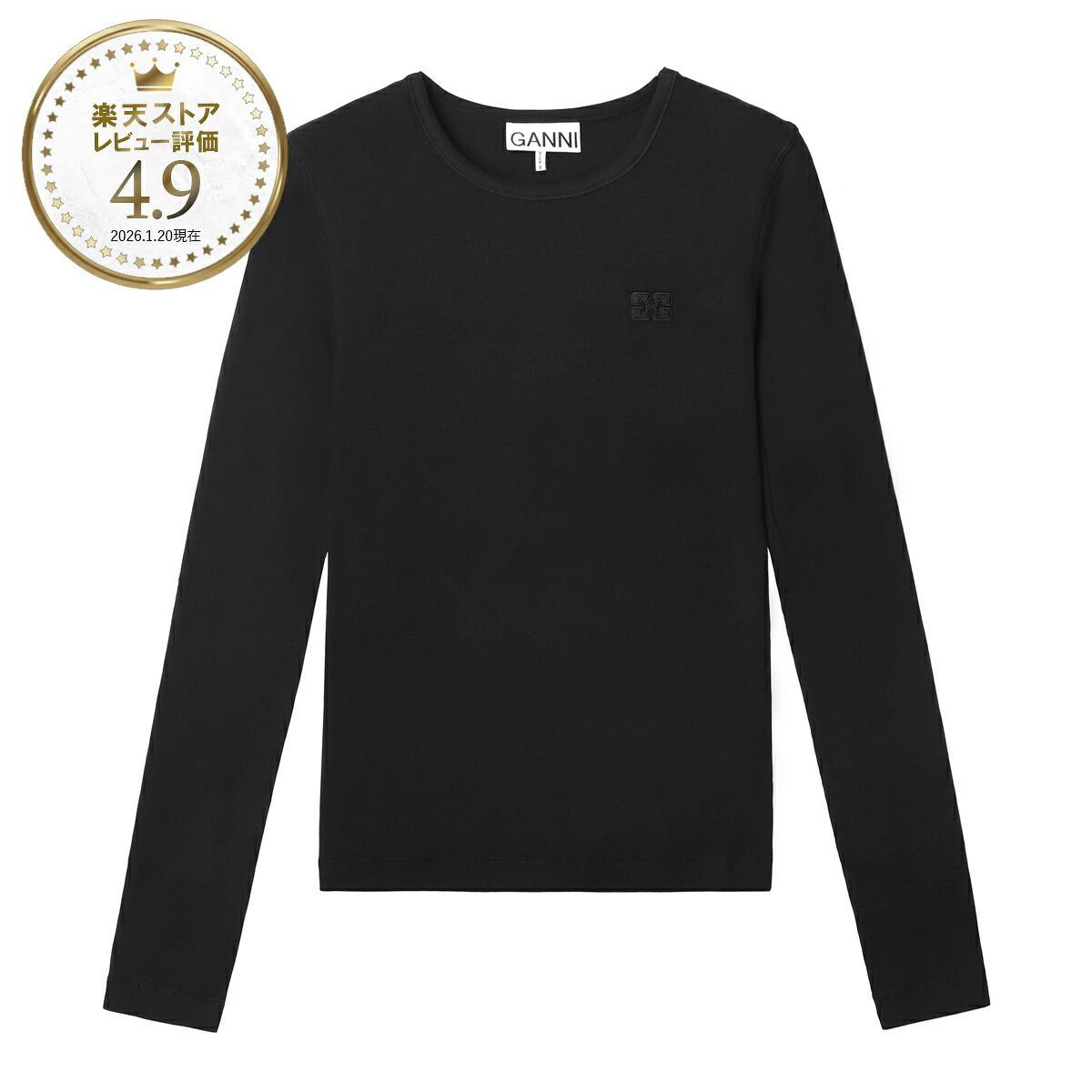 ガニー GANNI クルーネック 長袖Tシャツ ロングスリーブTシャツ ブラック レディース Soft Cotton Rib Longsleeve Top ワンポイント バタフライロゴ 刺繍【返品送料無料】[2026AW]｜モダンブルー店