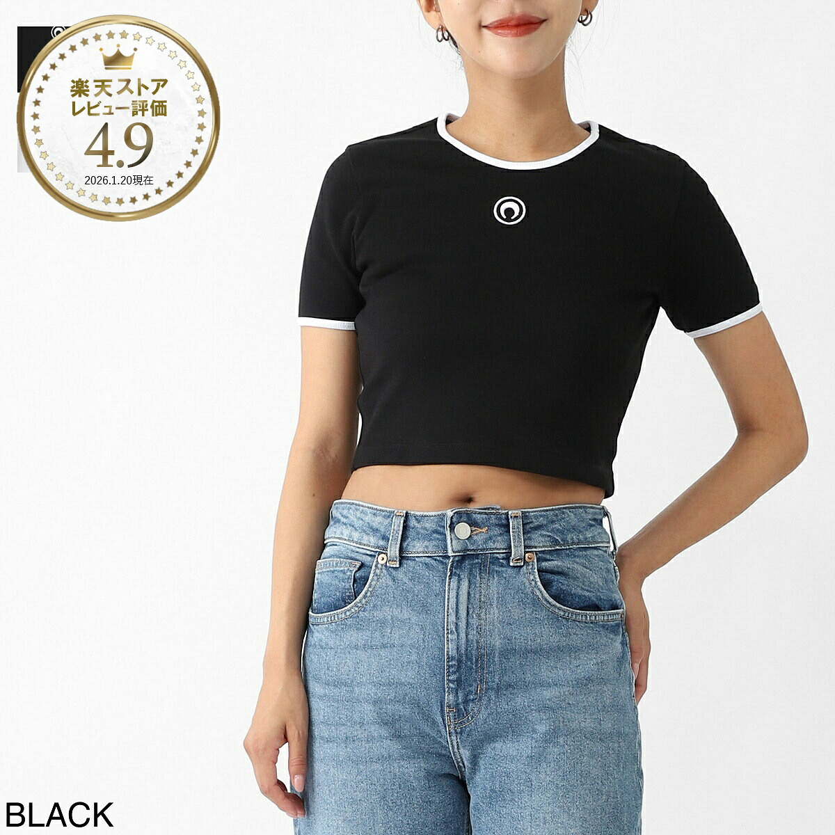 マリーン セル MARINE SERRE クルーネックTシャツ レディース wto087a cjer0008 bk99 MOON LOGO JERSEY CROPPED TOP クロップド丈 リンガー【返品送料無料】|モダンブルー店
