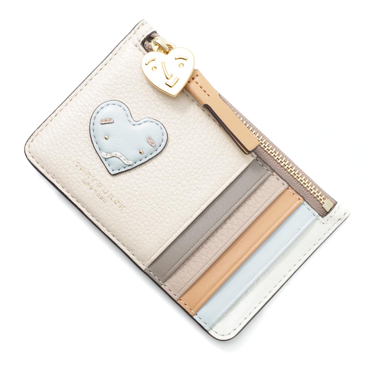 9943 TORY BURCH Perry Top Zip Card Case Heart Patchwork GRAY HERON NEW  CREAM |