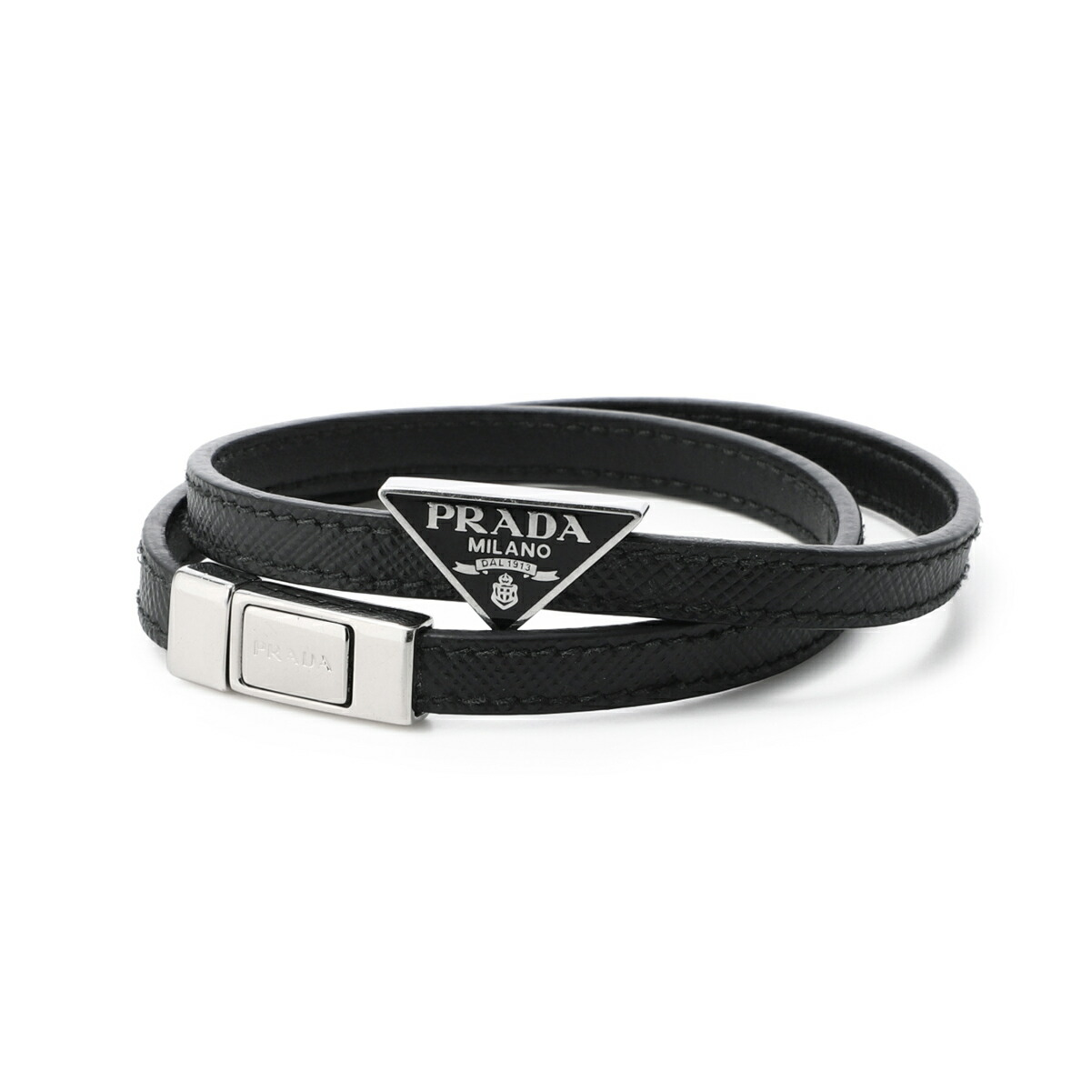 PRADA ロゴブレスレット レザー ブラック×イエロー ロゴサフィアーノレザーブレスレット ブラック×ゴールド